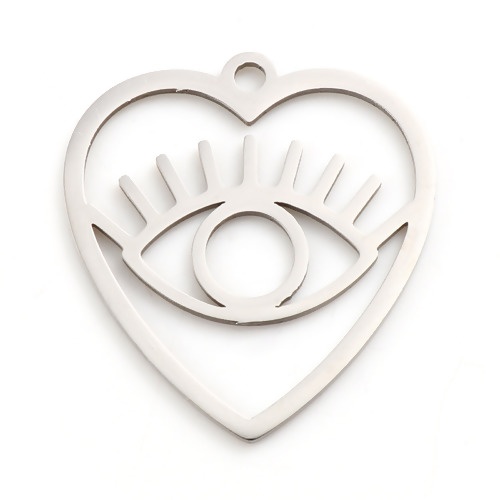 Imagen de Acero Inoxidable Religión Colgantes Charms Corazón Tono de Plata Mal de ojo Hueco 26mm x 24.5mm, 2 Unidades