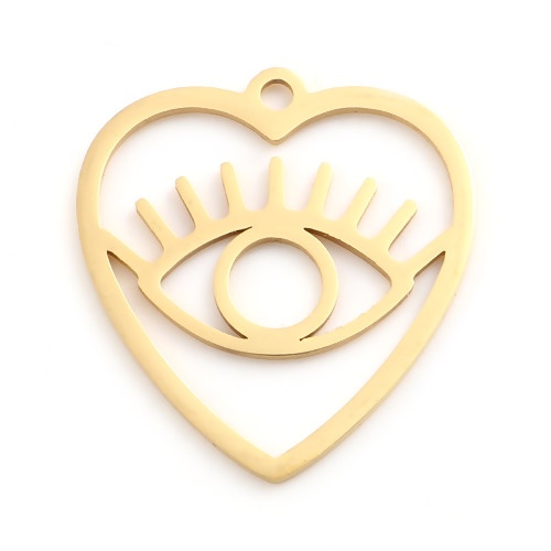Imagen de Acero Inoxidable Religión Colgantes Charms Corazón Chapado en Oro Mal de ojo Hueco 26mm x 24.5mm, 2 Unidades