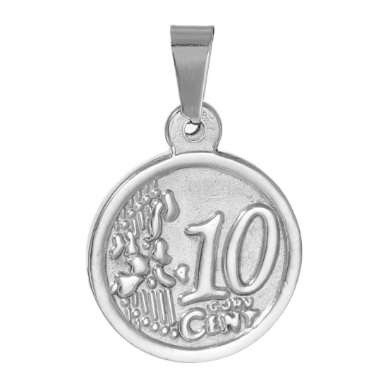 Picture of Stainless Steel Pendants Round Silver Tone Message " 10 CENT " Carved  30mm(1 1/8") x 19mm( 6/8"), 1 Piece