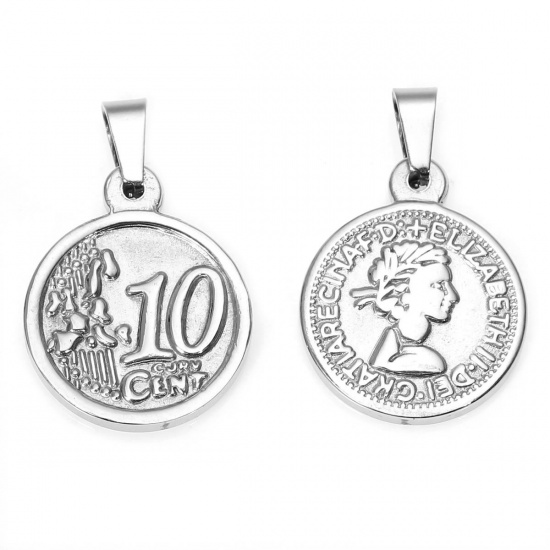 Picture of Stainless Steel Pendants Round Silver Tone Message " 10 CENT " Carved  30mm(1 1/8") x 19mm( 6/8"), 1 Piece