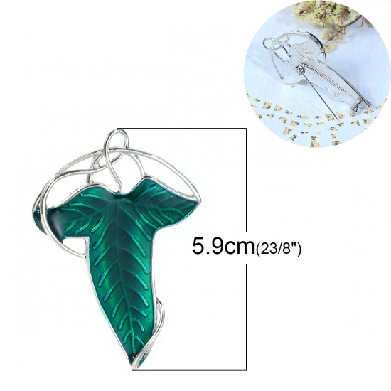 Picture of Zinc Based Alloy Leaf Pin Brooches Pendants Silver Tone Green Enamel 59mm(2 3/8") x 40mm(1 5/8"), 1 Piece