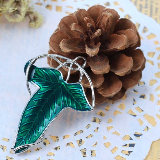 Picture of Zinc Based Alloy Leaf Pin Brooches Pendants Silver Tone Green Enamel 59mm(2 3/8") x 40mm(1 5/8"), 1 Piece