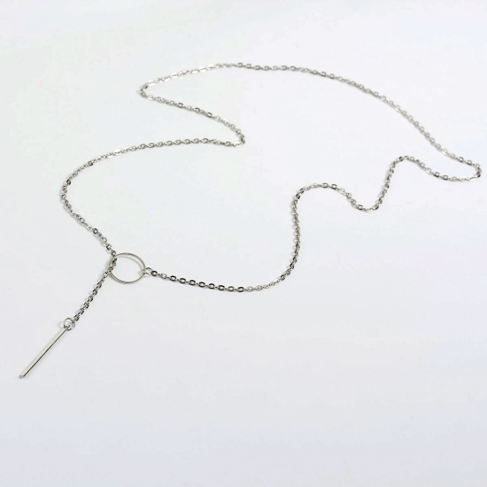 Immagine di Moda Nuova Lariat Collana Cavo Catena Tono Argento Con Anello Rettangolo Ciondolo lunghezza: 68.8cm, 1 Pz