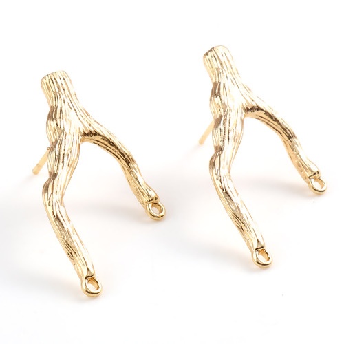 Picture of Brass Ear Post Stud Earrings 18K Real Gold Plated Branch W/ Loop 32mm x 18mm, Post/ Wire Size: (21 gauge), 2 PCs