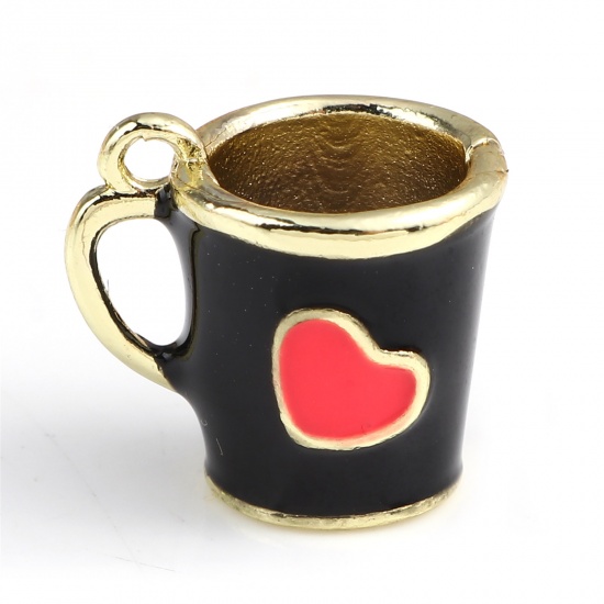 Bild von Zinklegierung Valentinstag Charms Tasse Vergoldet Schwarz Herz Emaille 14mm x 13mm, 2 Stück