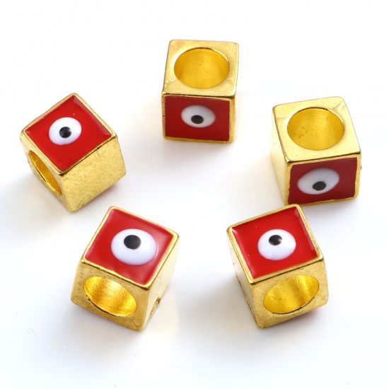 Picture of Zinc Based Alloy Religious Large Hole Charm Beads Gold Plated White & Red Square Evil Eye Enamel 7mm x 7mm, Hole: Approx 5.1mm, 10 PCs