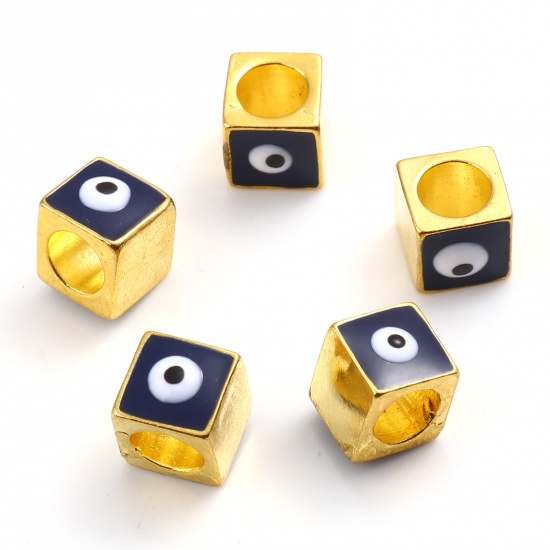 Picture of Zinc Based Alloy Religious Large Hole Charm Beads Gold Plated Navy Blue Square Evil Eye Enamel 7mm x 7mm, Hole: Approx 5.1mm, 10 PCs