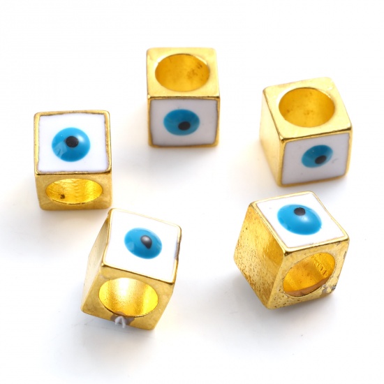 Picture of Zinc Based Alloy Religious Large Hole Charm Beads Gold Plated White & Blue Square Evil Eye Enamel 7mm x 7mm, Hole: Approx 5.1mm, 10 PCs