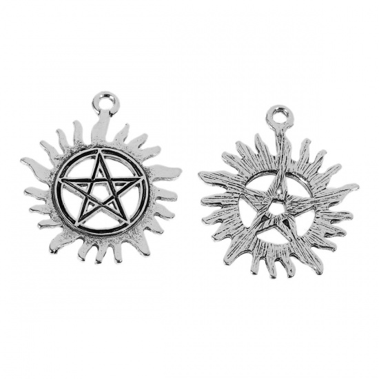 Picture of Zinc Based Alloy Charms Pendants Sun Antique Silver Color Star Carved Hollow 30mm(1 1/8") x 26mm(1"), 10 PCs