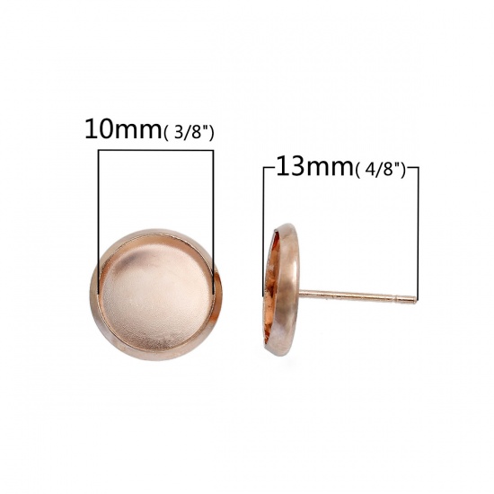 Picture of Brass Ear Post Stud Earrings Cabochon Settings Round Rose Gold (Fit 10mm Dia) 13mm( 4/8") x 12mm( 4/8"), Post/ Wire Size: (21 gauge), 20 PCs                                                                                                                  