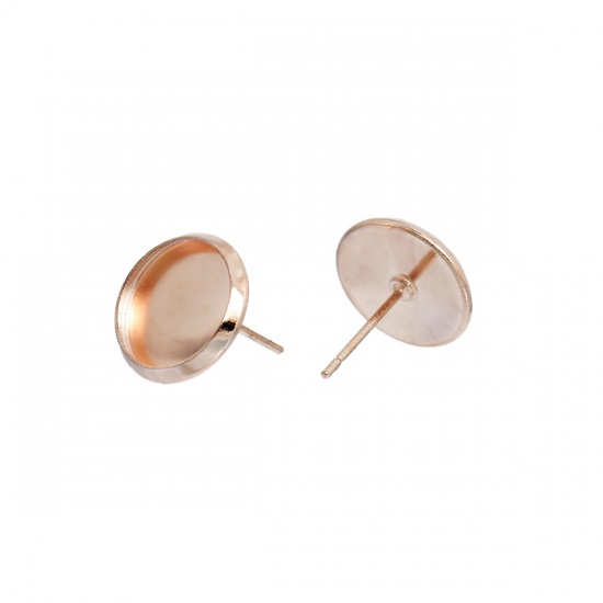 Picture of Brass Ear Post Stud Earrings Cabochon Settings Round Rose Gold (Fit 10mm Dia) 13mm( 4/8") x 12mm( 4/8"), Post/ Wire Size: (21 gauge), 20 PCs                                                                                                                  