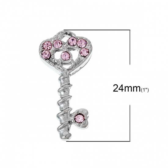 Picture of Zinc Based Alloy Charms Pendants Key Silver Tone Heart Pink Rhinestone 24mm(1") x 12mm( 4/8"), 5 PCs