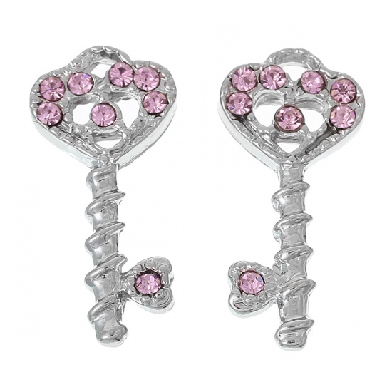 Picture of Zinc Based Alloy Charms Pendants Key Silver Tone Heart Pink Rhinestone 24mm(1") x 12mm( 4/8"), 5 PCs
