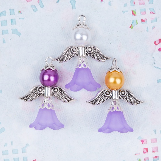 Immagine di Trendy Glass Guardian Angel Wing Charms Pendants Mixed Antique Silver With Round Acrylic Bead 29mm(1 1/8") x 23mm( 7/8"), 1 Set (3 PCs/Set)