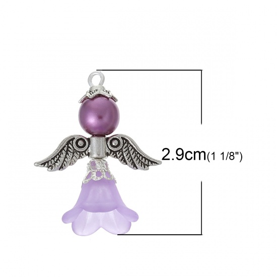 Immagine di Trendy Glass Guardian Angel Wing Charms Pendants Mixed Antique Silver With Round Acrylic Bead 29mm(1 1/8") x 23mm( 7/8"), 1 Set (3 PCs/Set)