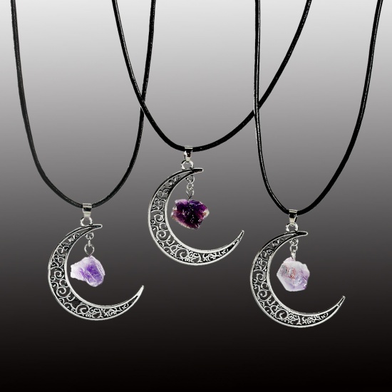 Изображение Новая мода Кристаллыы Природные Кристаллы Ожерелья Чёрный Шнур Античное Серебро Фиолетовый Луна половина 44.8смДлина, 1 ШТ