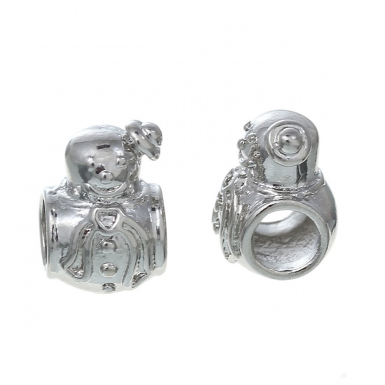 Picture of Copper European Style Large Hole Charm Beads Christmas Snowman Silver Tone About 13mm( 4/8") x 9mm( 3/8"), Hole: Approx 4.9mm, 2 PCs