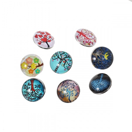 18mm Glass Snap Button Fit Snap Button Bracelets Round Silver Tone At Random Mixed Tree Pattern, Knob Size: 5.5mm( 2/8"), 6 PCs