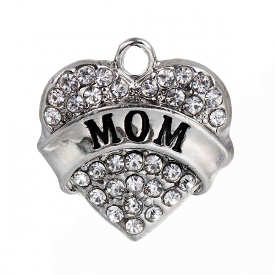 Picture of Zinc Based Alloy Charms Pendants Heart Silver Tone Message " MOM " Carved Clear Rhinestone 19mm( 6/8") x 19mm( 6/8"), 2 PCs
