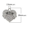 Picture of Zinc Based Alloy Charms Pendants Heart Silver Tone Message " MOM " Carved Clear Rhinestone 19mm( 6/8") x 19mm( 6/8"), 2 PCs
