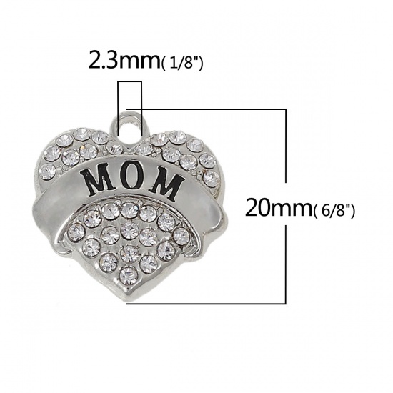 Immagine di Lega di Zinco Charm Ciondoli Cuore Tono Argento Lettere Scolpito " Mom " Trasparente Strass 19mm x19mm, 2 Pz