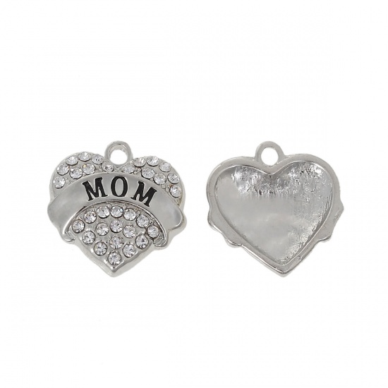 Immagine di Lega di Zinco Charm Ciondoli Cuore Tono Argento Lettere Scolpito " Mom " Trasparente Strass 19mm x19mm, 2 Pz