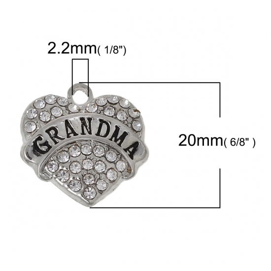 Immagine di Lega di Zinco Charm Ciondoli Cuore Tono Argento Lettere Scolpito " Grandma " Trasparente Strass 20mm x 19mm , 2 Pz