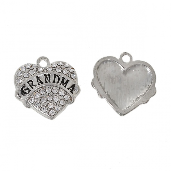 Immagine di Lega di Zinco Charm Ciondoli Cuore Tono Argento Lettere Scolpito " Grandma " Trasparente Strass 20mm x 19mm , 2 Pz