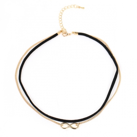 Immagine di Moda Nuova Velluto Collana Catena Singolare Oro Placcato Nero Simbolo di Infinito Scamosciato lunghezza: 34.5cm, 1 Pz