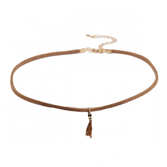Picture of Coffee Velvet Faux Suede Choker Necklace Gold Plated Tassel Pendant 32cm(12 5/8") long, 1 Piece