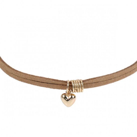 Picture of Khaki Velvet Faux Suede Choker Necklace Gold Plated Heart 34cm(13 3/8") long, 1 Piece