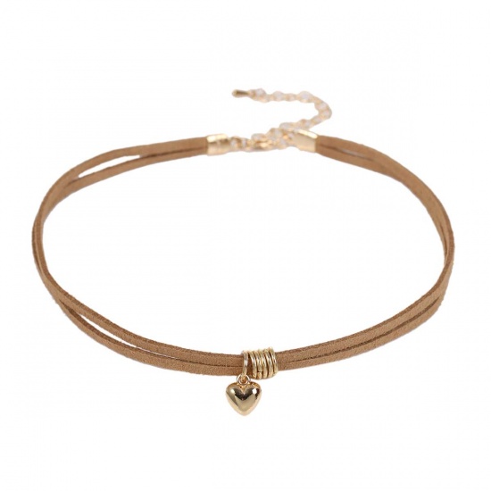 Picture of Khaki Velvet Faux Suede Choker Necklace Gold Plated Heart 34cm(13 3/8") long, 1 Piece