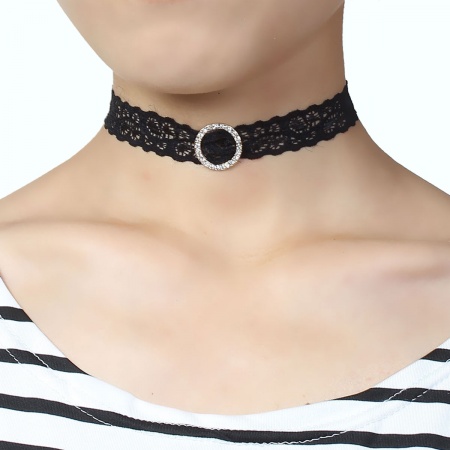 Black Lace Choker Necklace Gold Plated Circle Ring Clear Rhinestone 37cm(14 5/8") long, 1 Piece