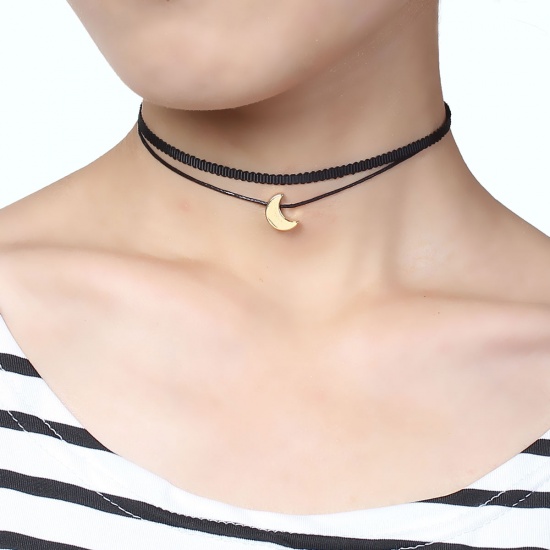 Picture of Black Terylene Choker Necklace Gold Plated Half Moon 34cm(13 3/8") long, 1 Piece