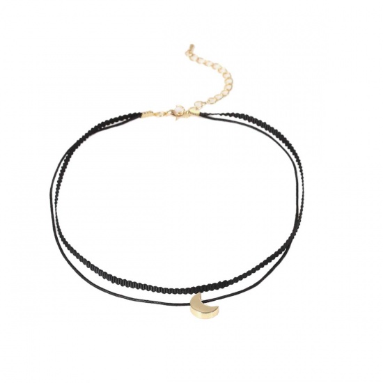 Picture of Black Terylene Choker Necklace Gold Plated Half Moon 34cm(13 3/8") long, 1 Piece