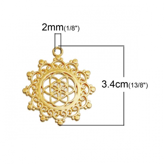 Picture of Zinc Based Alloy Seed Of Life Pendants Flower Gold Plated Hollow Carved 34mm(1 3/8") x 30mm(1 1/8"), 5 PCs