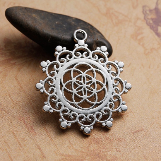 Picture of Zinc Based Alloy Seed Of Life Pendants Flower Silver Tone Hollow Carved 34mm(1 3/8") x 30mm(1 1/8"), 5 PCs