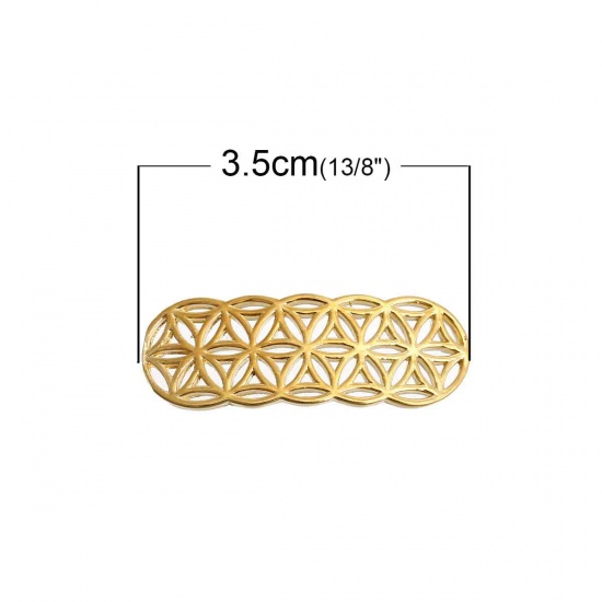 Picture of Brass Flower Of Life Connectors Findings Curve Rectangle Gold Plated Hollow Carved 3.5cm(1 3/8") x 1.2cm( 4/8"), 2 PCs