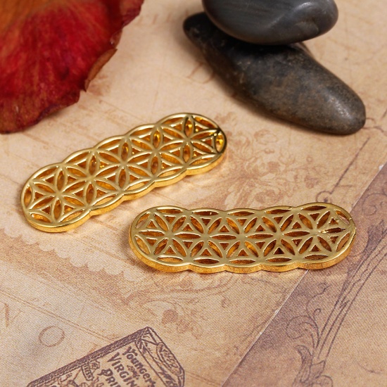 Picture of Brass Flower Of Life Connectors Findings Curve Rectangle Gold Plated Hollow Carved 3.5cm(1 3/8") x 1.2cm( 4/8"), 2 PCs