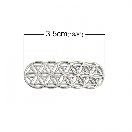 Picture of Brass Flower Of Life Connectors Findings Curve Rectangle Silver Tone Hollow Carved 3.5cm(1 3/8") x 1.2cm( 4/8"), 2 PCs