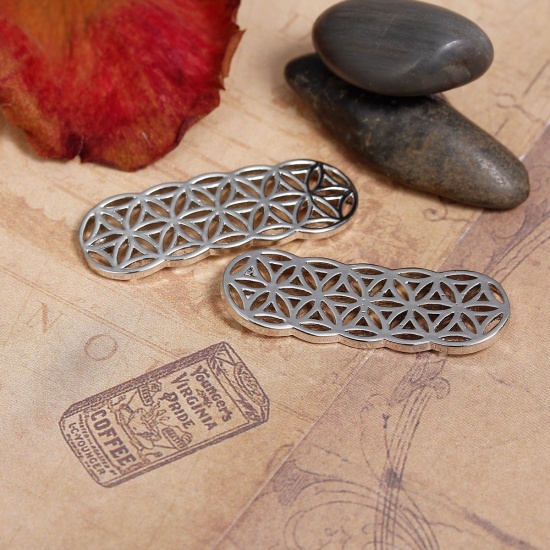 Picture of Brass Flower Of Life Connectors Findings Curve Rectangle Silver Tone Hollow Carved 3.5cm(1 3/8") x 1.2cm( 4/8"), 2 PCs