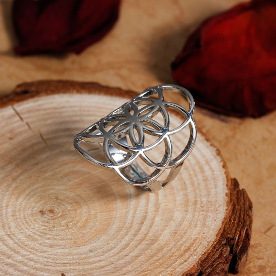 Picture of New Fashion Brass Adjustable Seed Of Life Rings Silver Tone Hollow Carved 17.1mm( 5/8")(US size 6.75), 1 Piece                                                                                                                                                