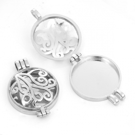 Picture of Zinc Based Alloy Aromatherapy Essential Oil Diffuser Locket Pendants Round Silver Tone Vine Hollow Carved Can Open (Fits 30mm Dia.) 4.4cm x3.3cm(1 6/8" x1 2/8"), 1 Piece
