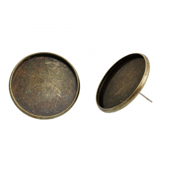 Image de Boucles d'Oreilles Puces Supports à Cabochons Diaen Laiton Forme Rond Bronze Antique avec Embouts (Cabochon Rapportable 20mm Dia.) 22mm x 13mm, Epaisseur de Fil: (21 gauge), 10 Pcs                                                                          