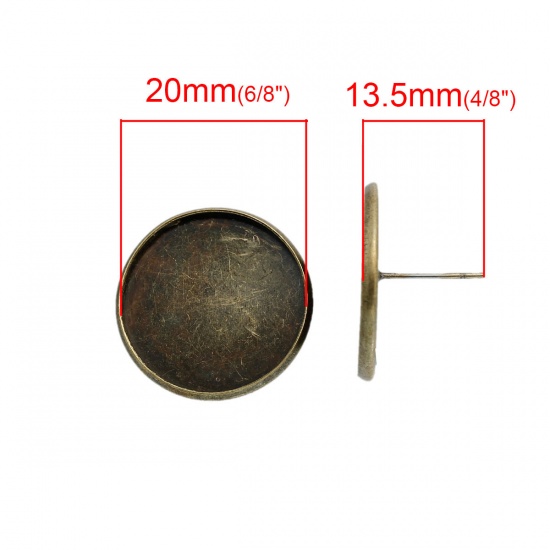 Picture of Brass Ear Post Stud Earrings Findings Round Antique Bronze Cabochon Settings (Fit 20mm Dia.) With Stoppers 22mm( 7/8") x 13mm( 4/8"), Post/ Wire Size: (21 gauge), 10 PCs                                                                                     