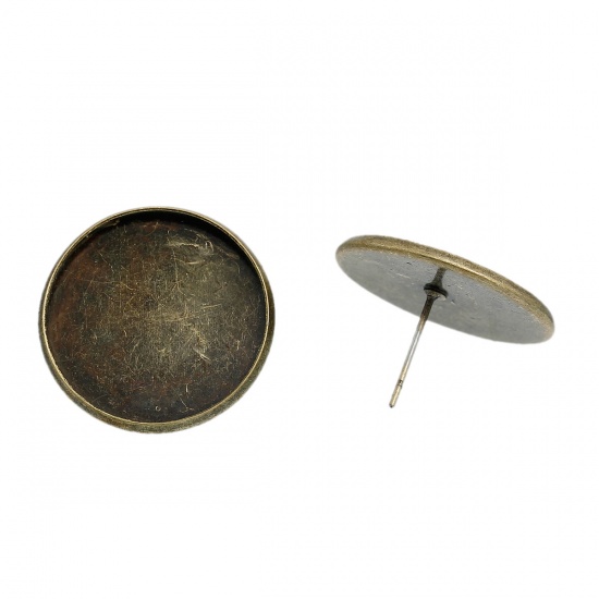 Immagine di Ottone Orecchini a Perno Accessori Tondo Bronzo Antico Basi per Cabochon (Addetti: 20mm) 22mm x 13mm posta / filo: ( 0.7mm )， 10 Pz