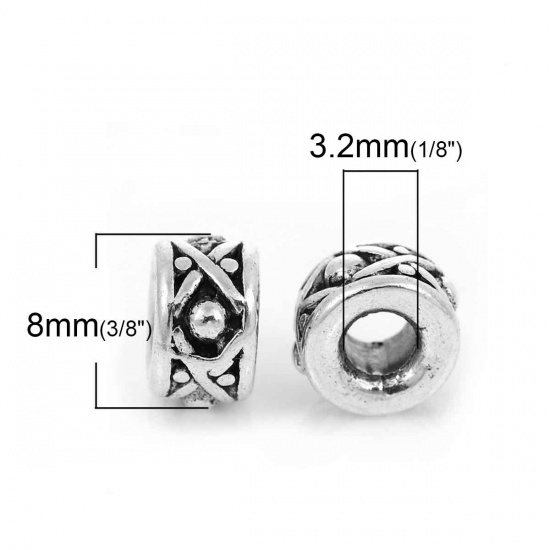 Bild von Zinklegierung Zwischenperlen Spacer Perlen Zylinder Antiksilber Punkt ca. 8mm x 5mm, Loch:ca. 3.2mm, 30 Stücke