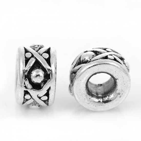 Picture of Zinc Based Alloy Spacer Beads Cylinder Antique Silver Color Dot Pattern Carved About 8mm x 5mm, Hole: Approx 3.2mm, 30 PCs