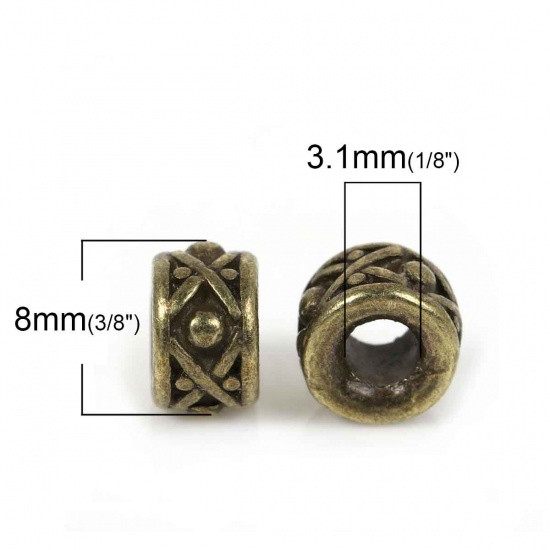 Picture of Zinc Based Alloy Spacer Beads Cylinder Antique Bronze Dot Carved Pattern About 8mm x 5mm, Hole:Approx 3.1mm, 30 PCs
