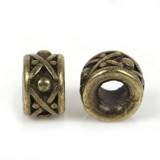 Picture of Zinc Based Alloy Spacer Beads Cylinder Antique Bronze Dot Carved Pattern About 8mm x 5mm, Hole:Approx 3.1mm, 30 PCs